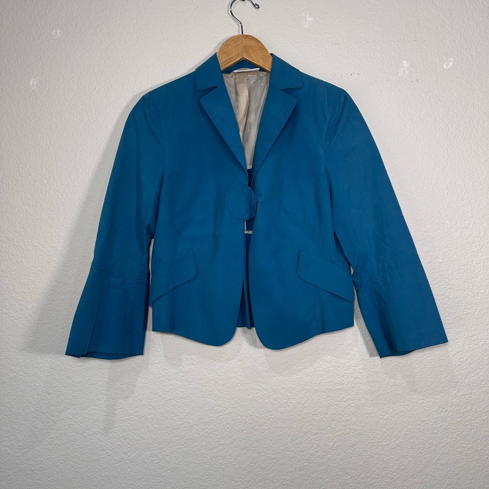 Akris Punto Blue Cotton Peplum Bell Sleeve Blazer Jacket US 6